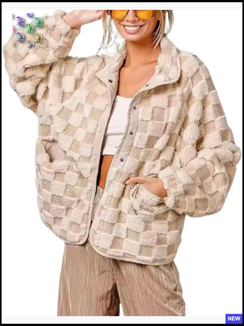 Women Winter Casual Checkered Fleece Jacket Fuzzy Oversized Sherpa Jacket